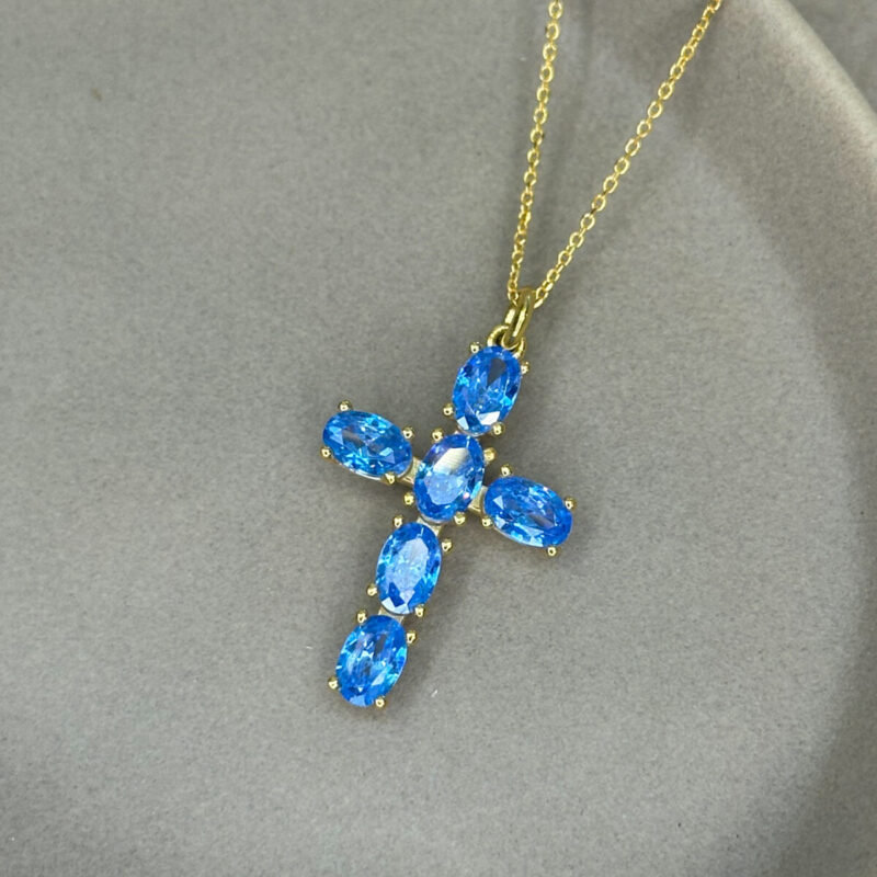 Επιχρυσωμένος Σταυρός Ασήμι 925 με Aquamarine